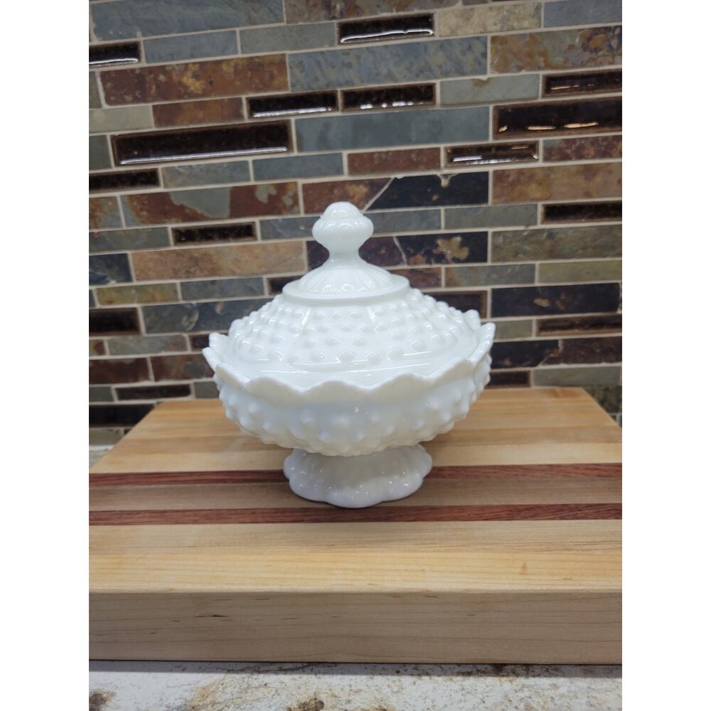 Vintage Fenton Hobnail Milk Glass Low Footed Candy Box w/ Lid, Trinket Box